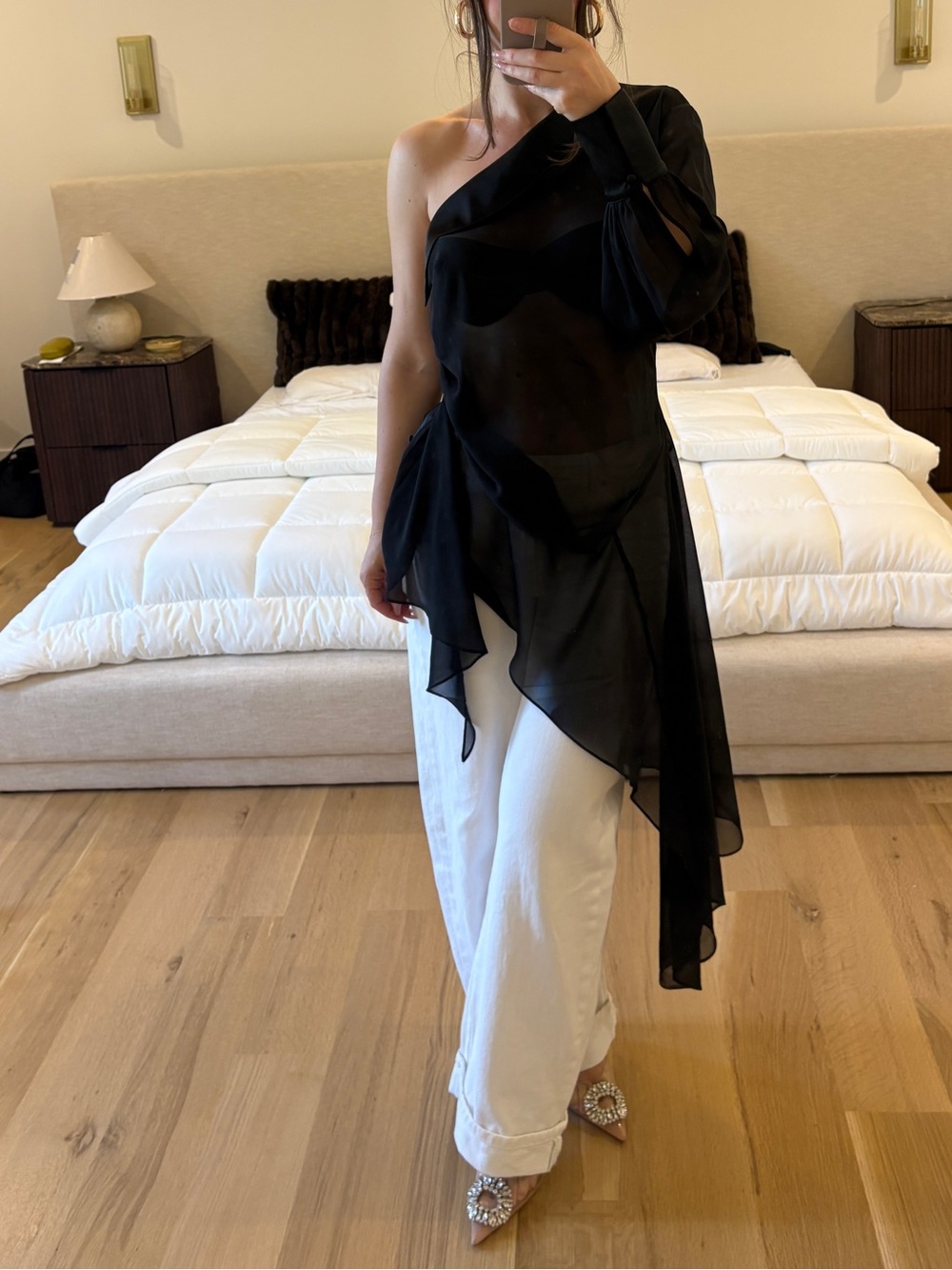 AllSaints Black Sheer One-Shoulder Asymmetric Tunic
